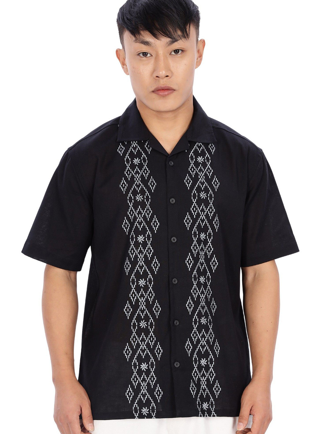 Eszett Trendsetting Boxy Fit Ethnic Motifs Printed Cuban Collar Linen Shirt