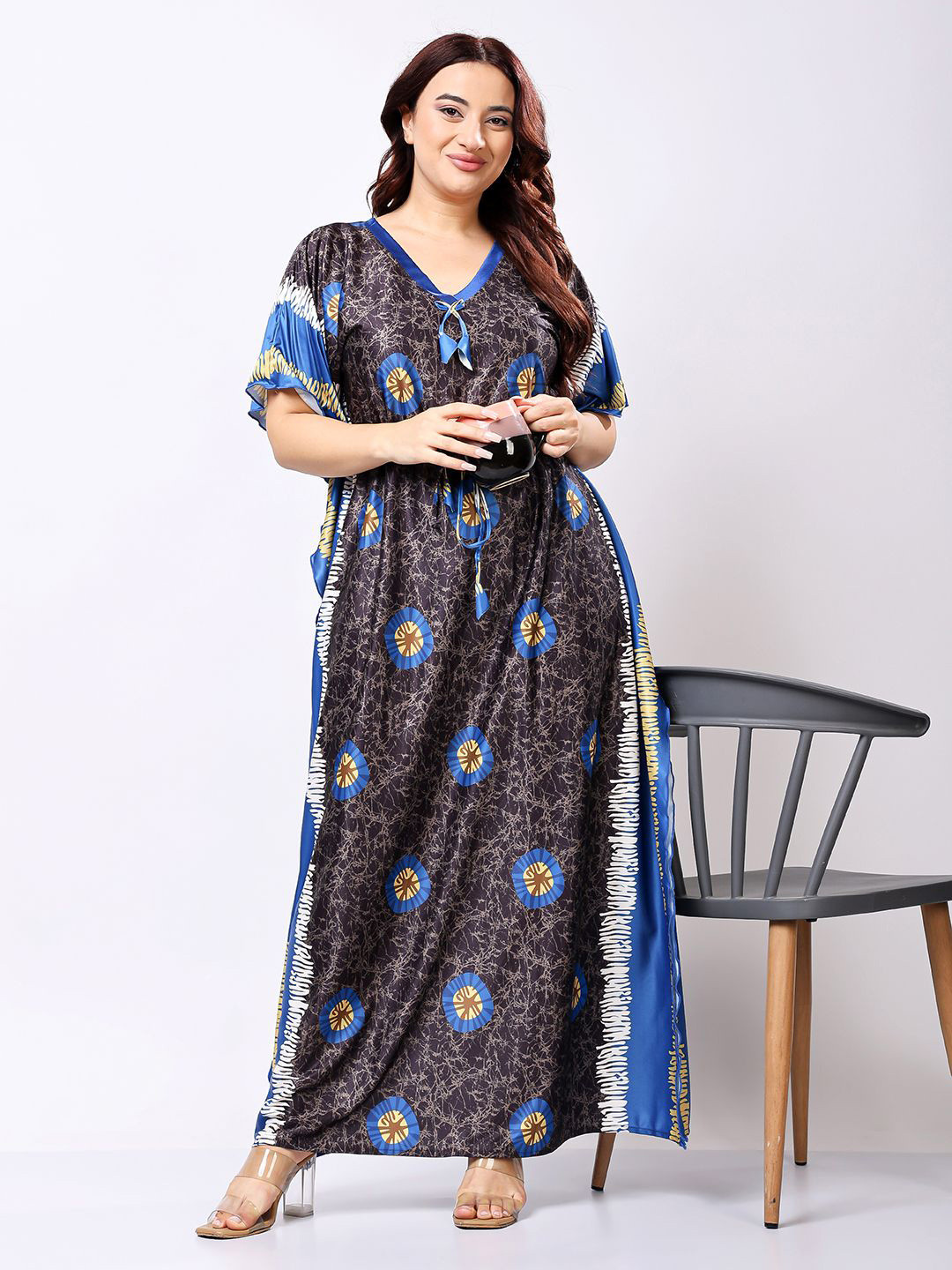 CHUI MUI Women Tie and Dye Printed Satin Maxi Kaftan Nightdress