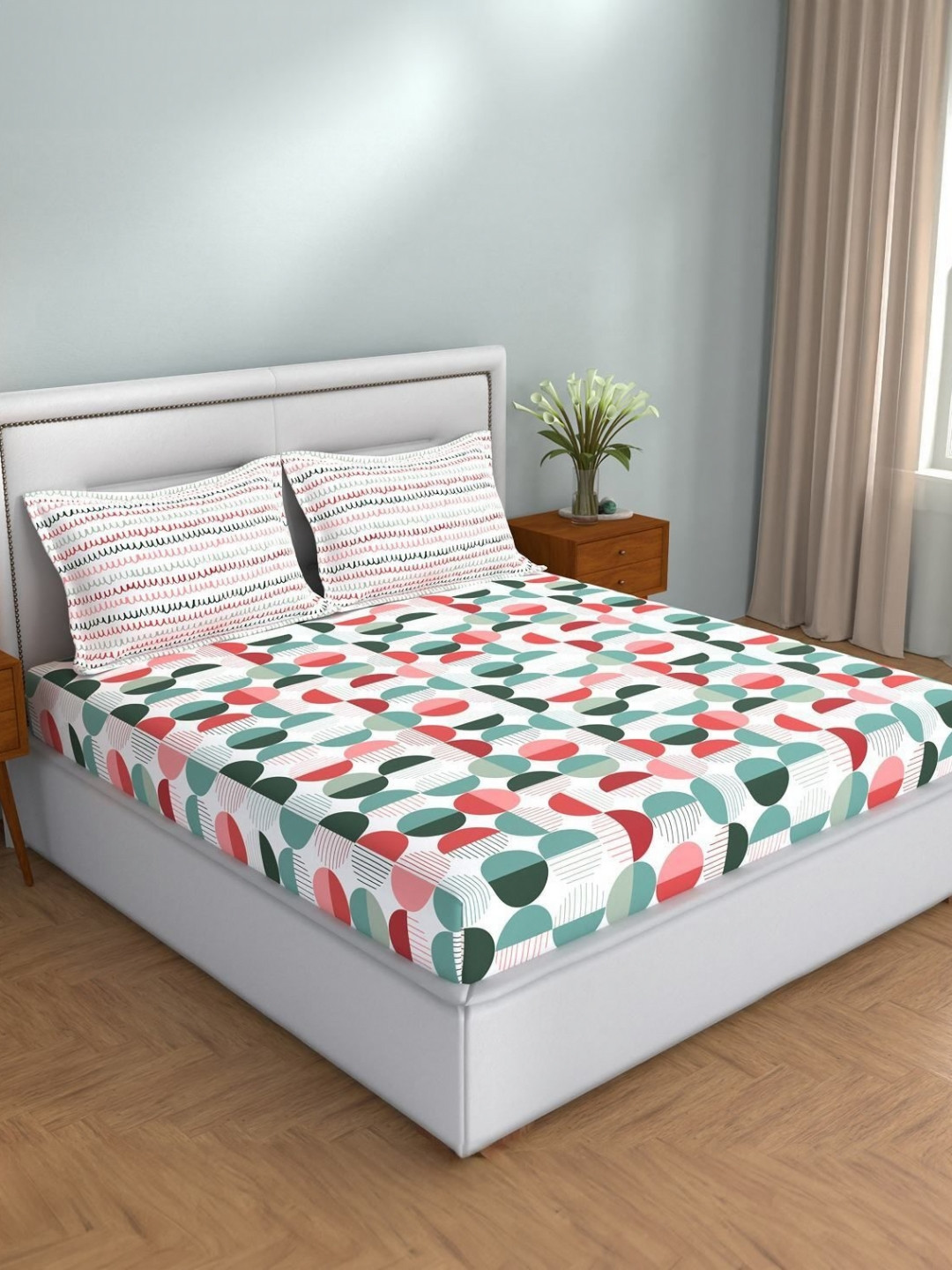 STELLAR HOME Lilly Red & White 104 TC Cotton Queen Bedsheet Set 2.24 m x 2.74 m