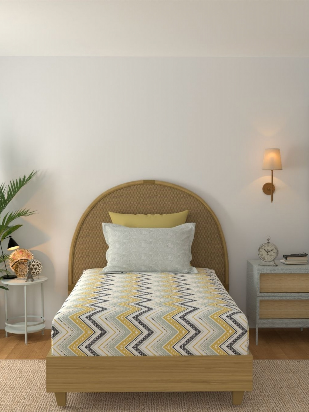 STELLAR HOME White & Yellow 140 TC Skin-Friendly Single Bedsheet Set 1.50 m x 2.24 m