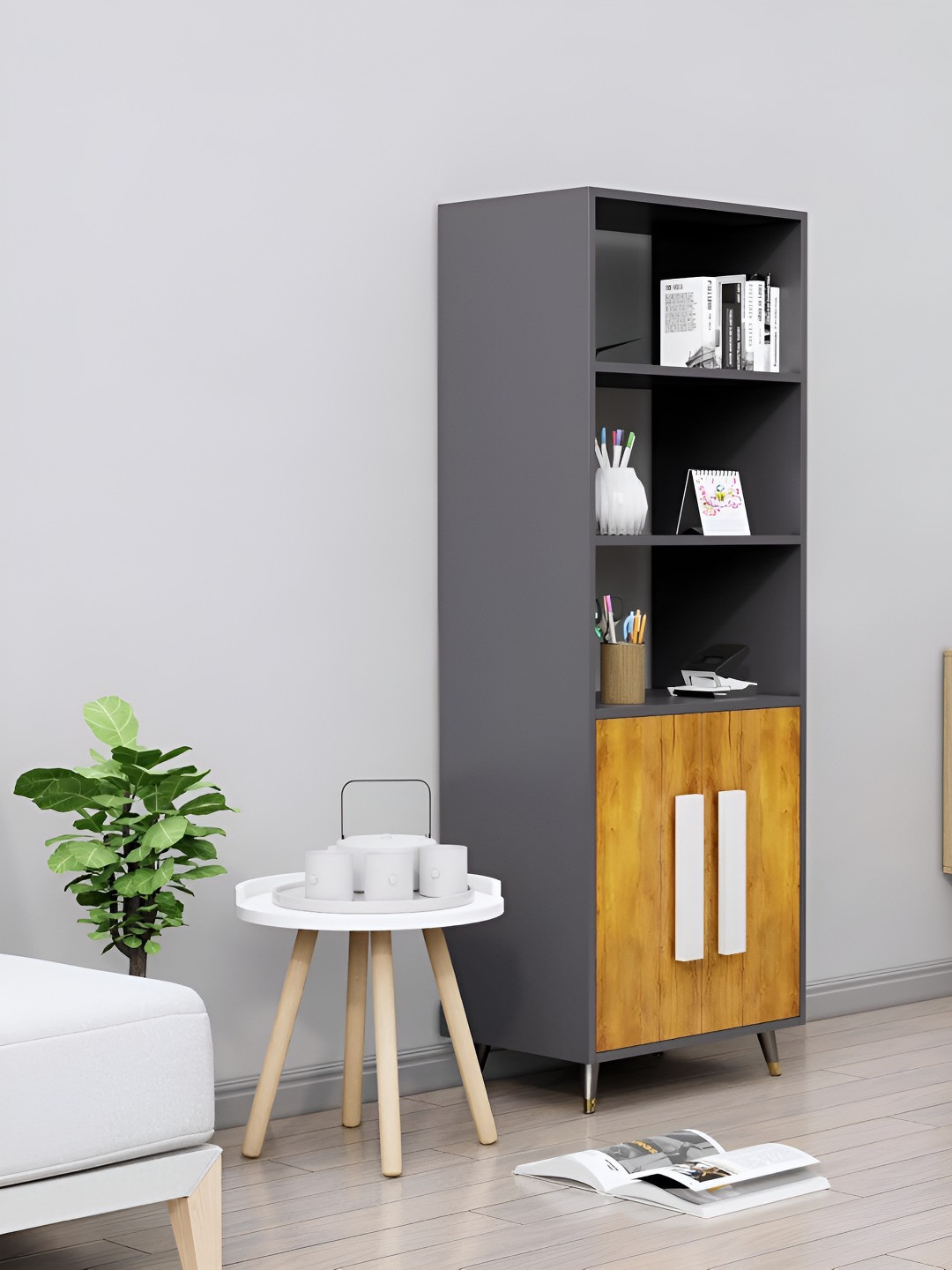 HEXA RED Beige & Grey Wooden Book Shelf