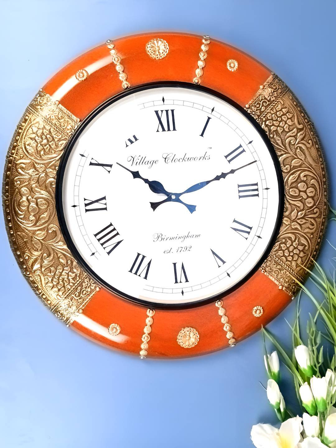 apka mart Orange & Beige Embellished Vintage Wall Clock