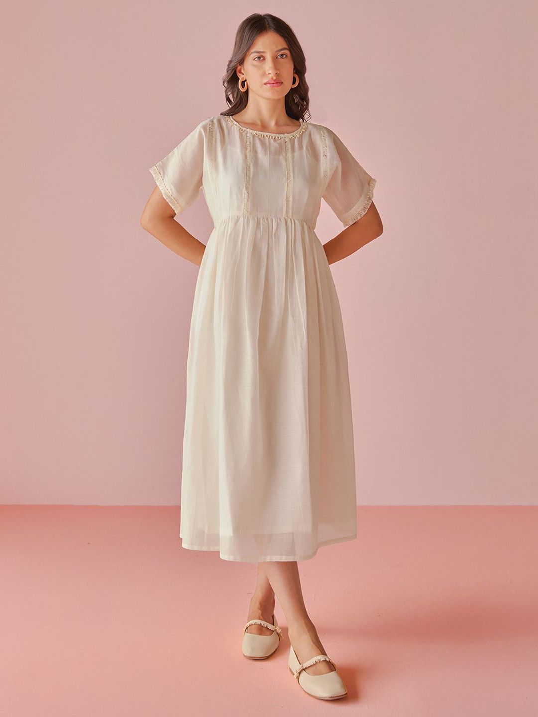 The Yellow Bow Women Solid A-Line Short Sleeves Midi Dress