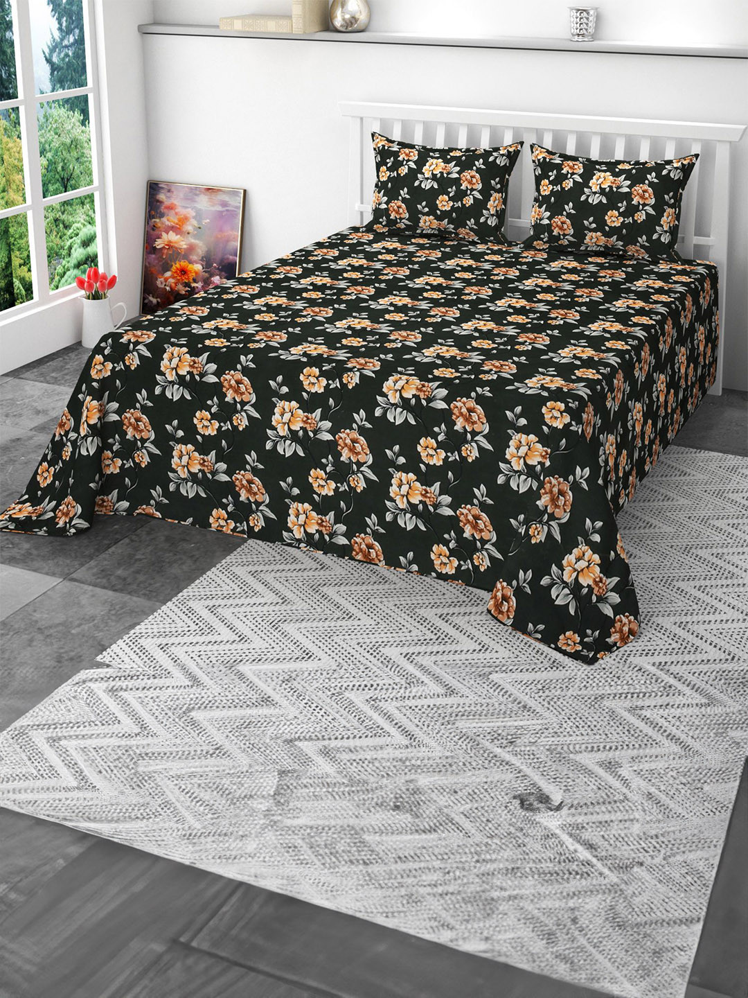 CLIO'S HERITAGE STORE Black & Pink Printed 210 TC Queen Bedsheet Set 2.28 m x 2.28 m