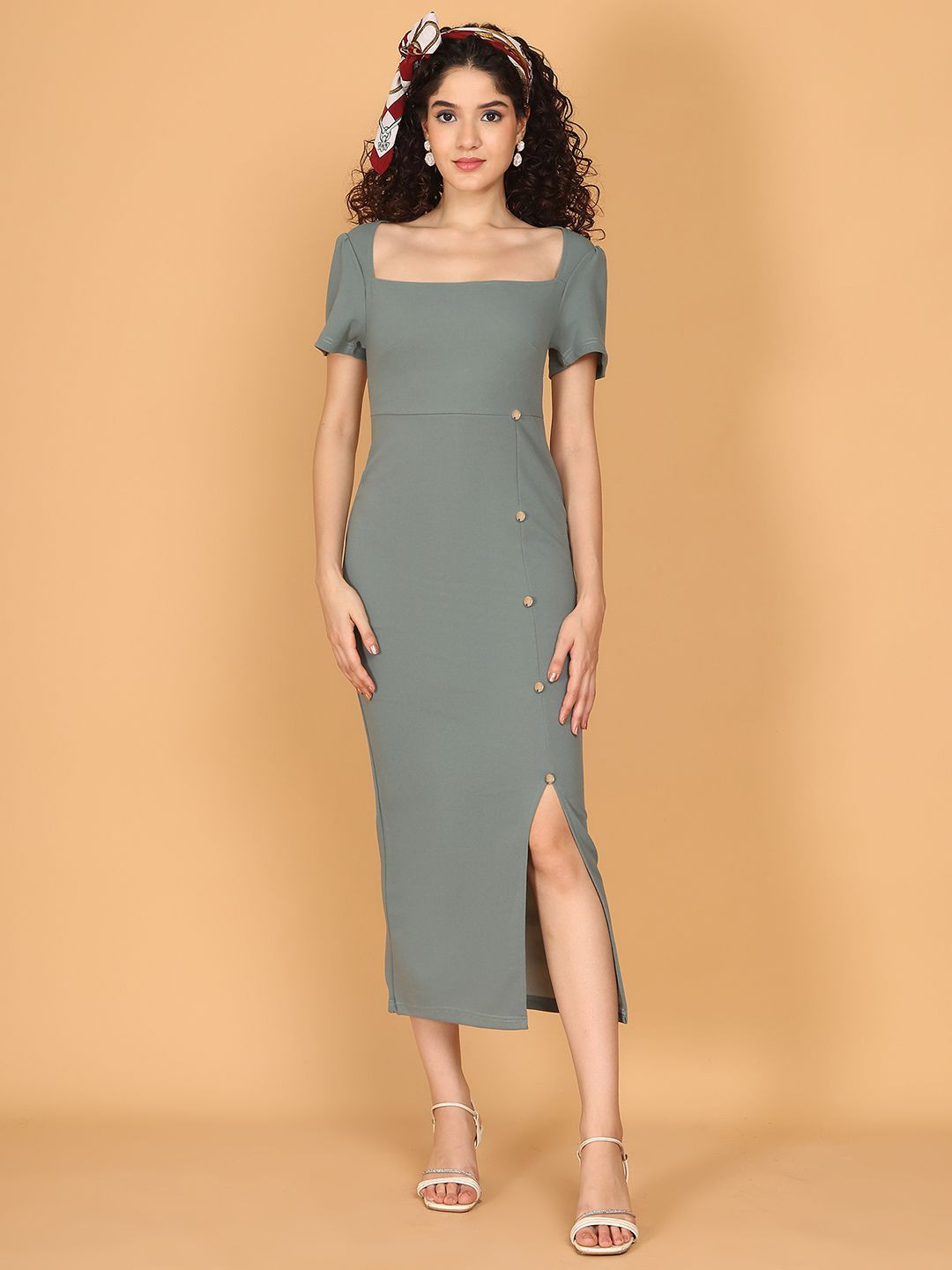 JAKANARY Women Square Neck Side Slits Sheath Midi Dress