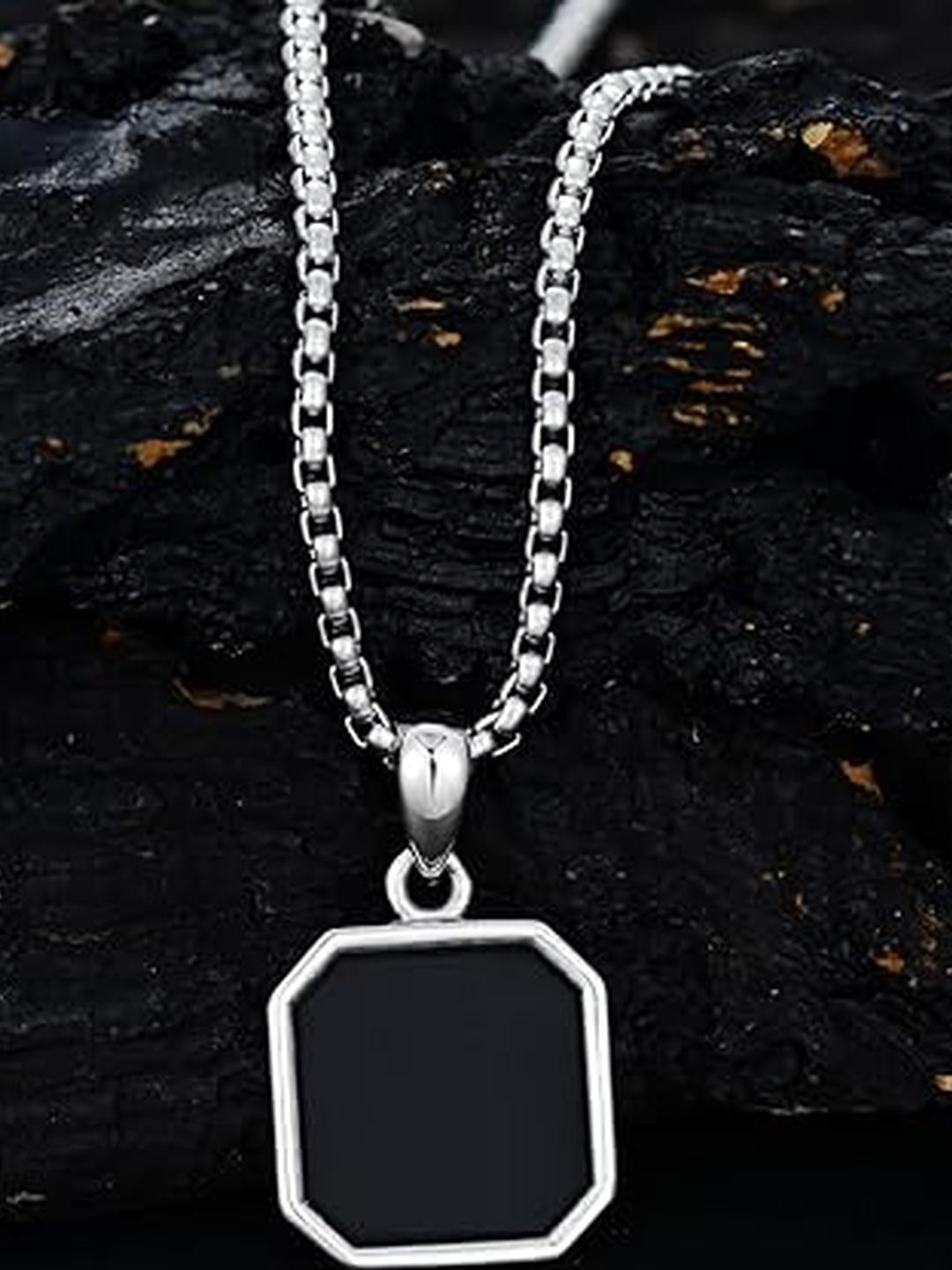 Silver Funky Geometric Square Black Natural Stone Punk Locket Pendant
