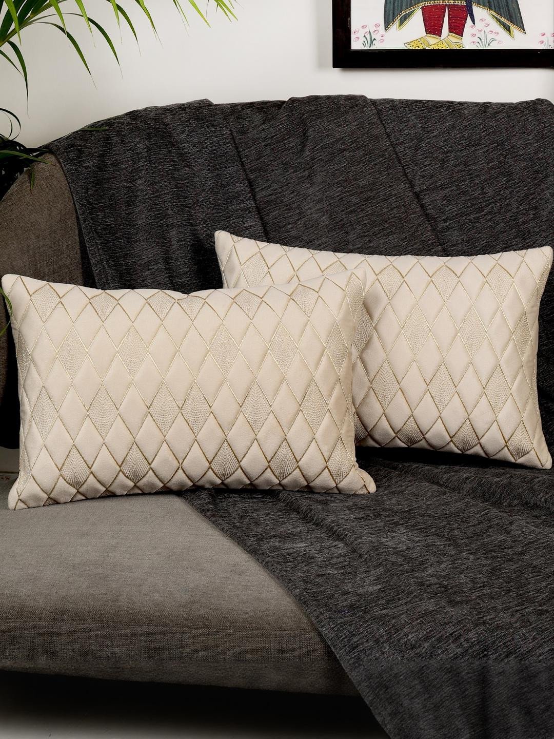 MONKDECOR Cream and Gold-Toned Geometric Velvet Rectangle Cushion Covers - Set of 2