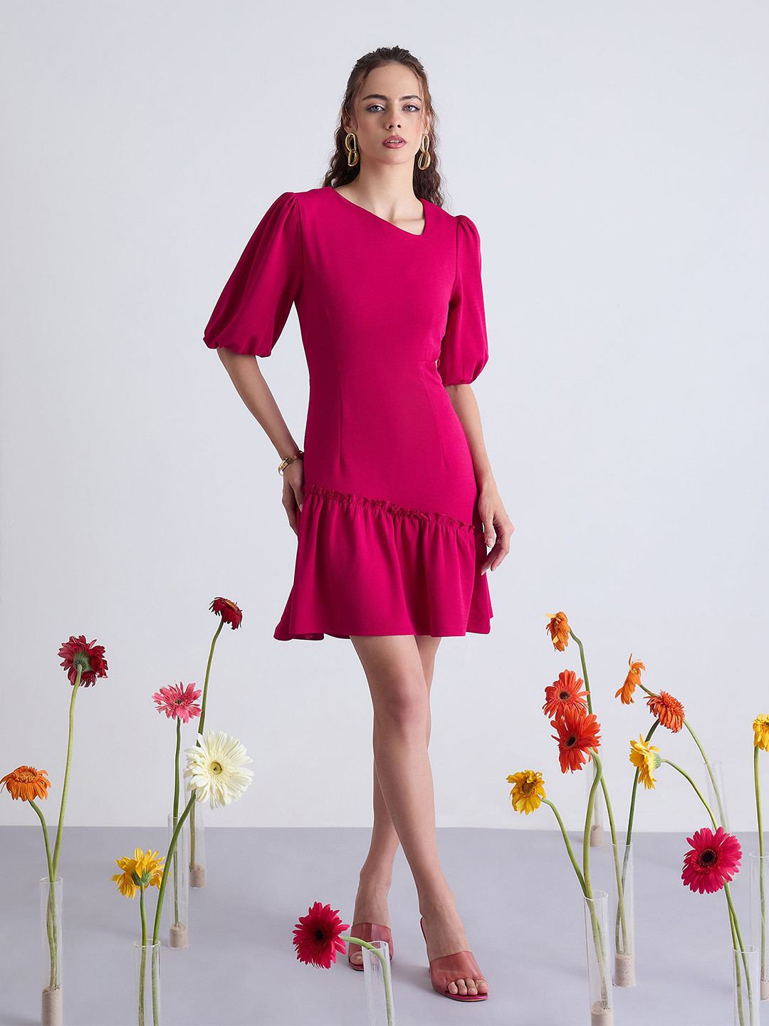Kibo Women Asymmetrical Neckline A-Line Dress