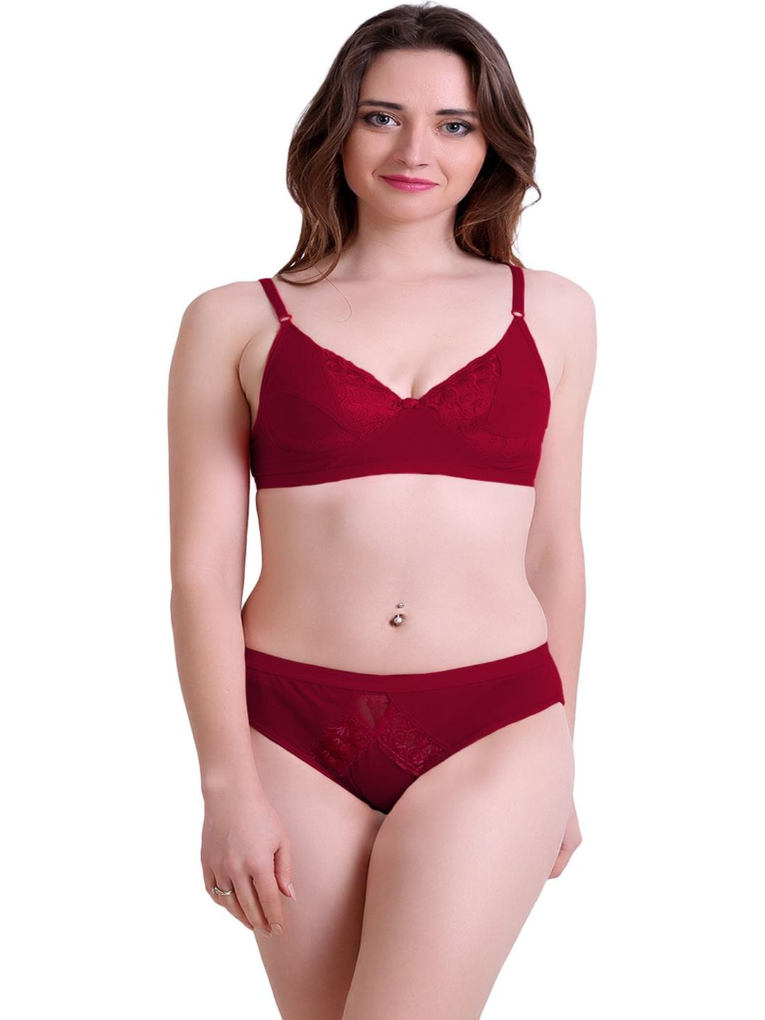 TACE Maroon Cotton Underwired Non Padded Lingerie Set