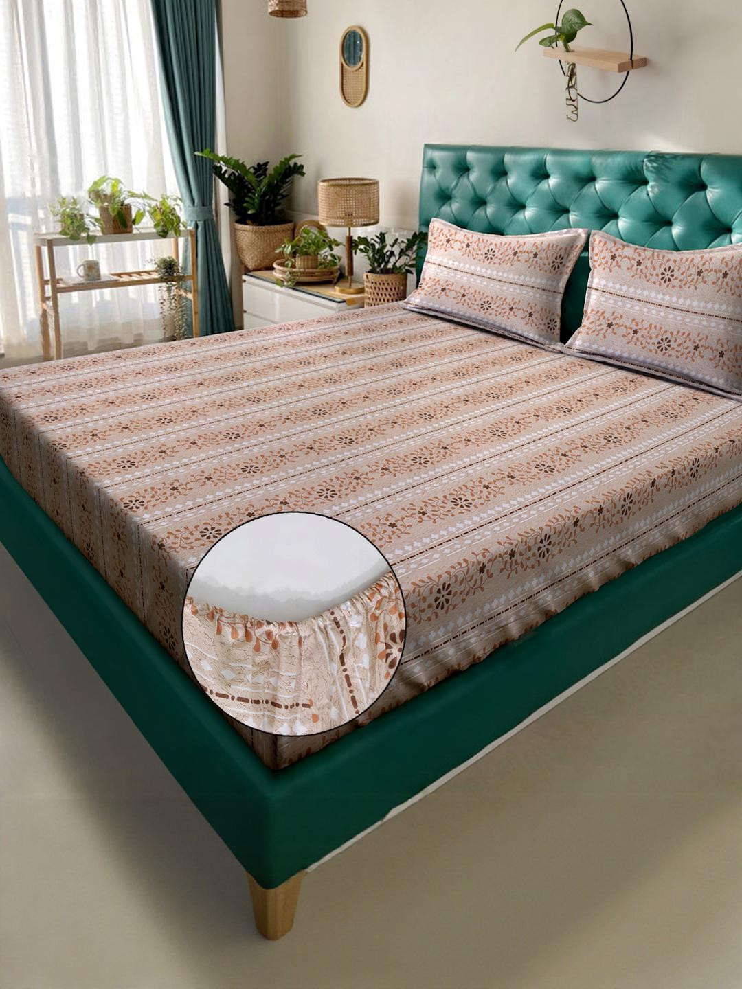 KLOTTHE Dori Beige Floral Cotton Breathable 400 TC Fitted King Fine Bedsheet with 2 Pillow Covers-98 x 89 inches