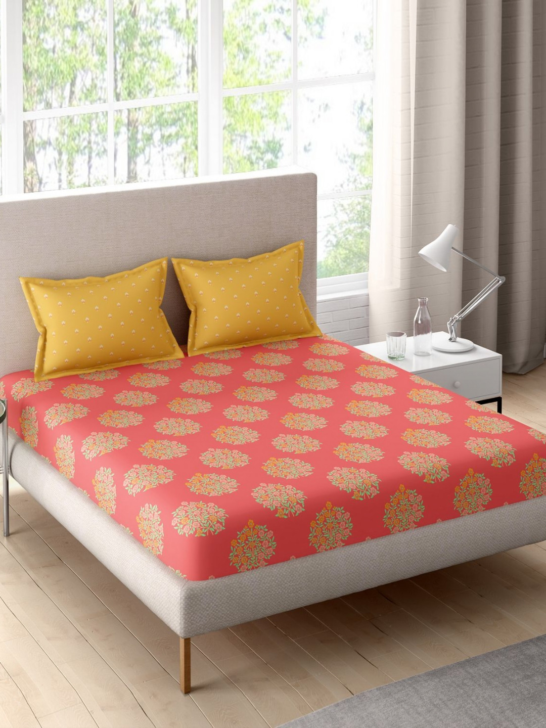 Portico Sparkle Peach-Coloured Ethnic Cotton 144 TC Double Queen Bedsheet Set-2.24mx2.54m