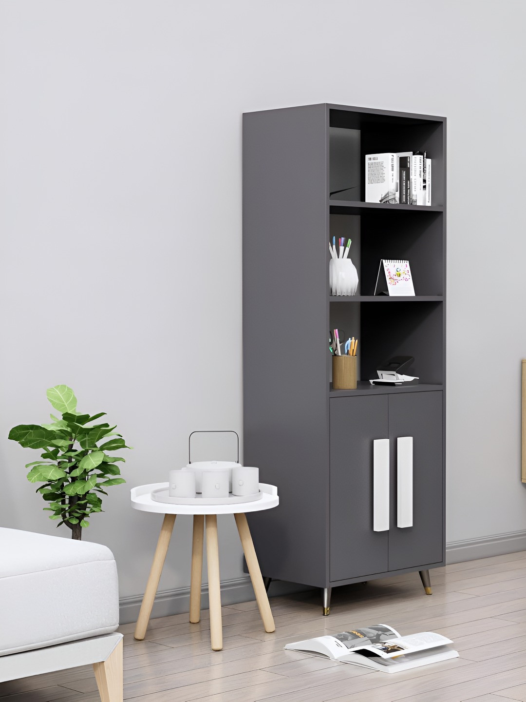 HEXA RED Grey & White Wooden Book Shelf