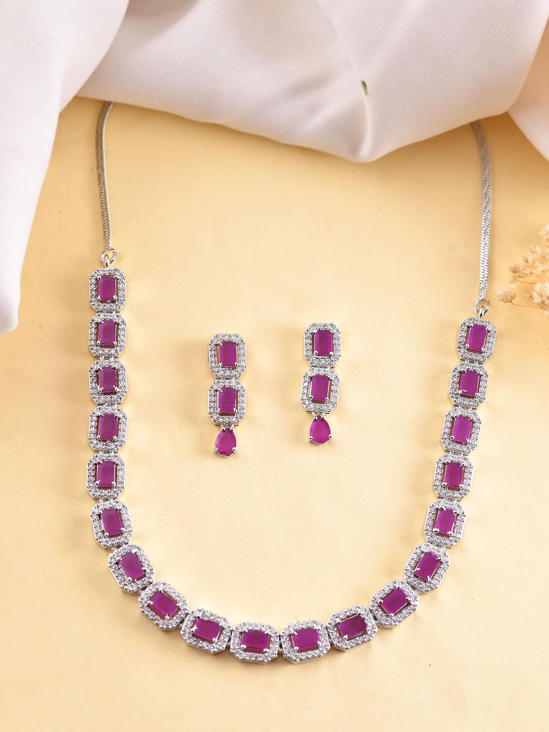 Silver Plated Pink Stone Studded Rectangular AD Jewellery Set