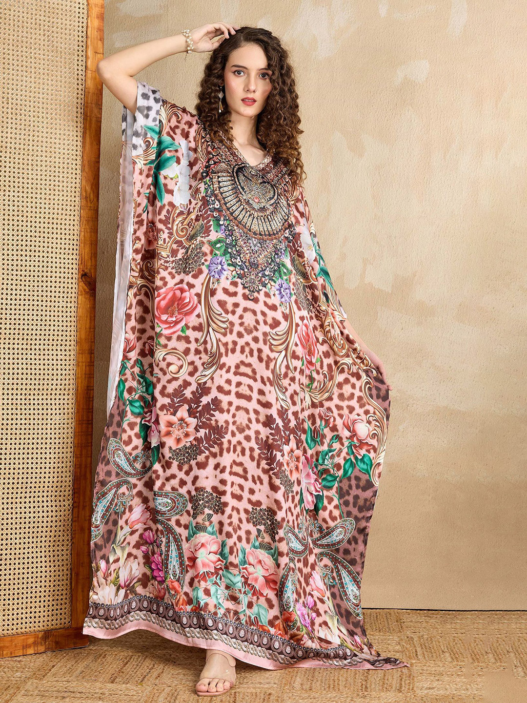 LABEL AARNA Petal Crown Soft Satin Women Kaftan with Rhinestones