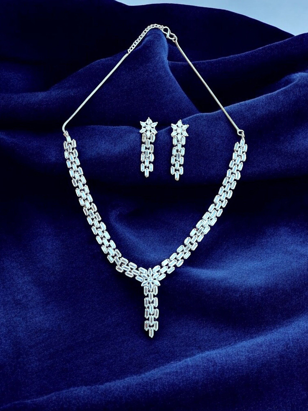 Silver Plated Stone Studded Necklace with Earring