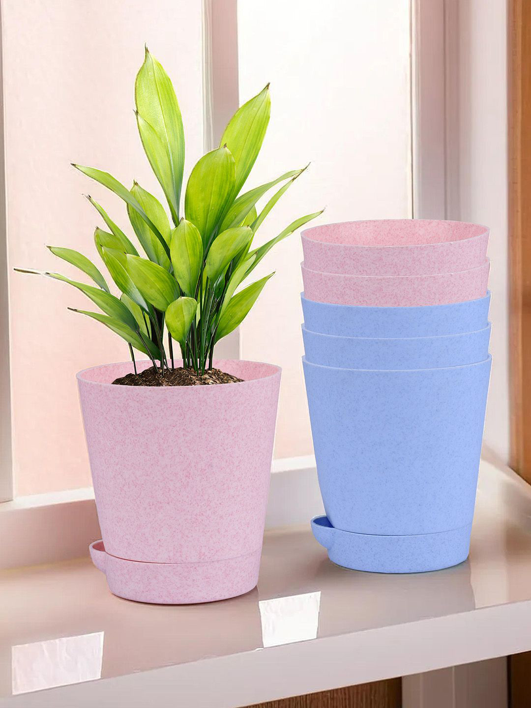 Kuber Industries Marble Titan 6Pcs Blue & Pink Flower Planters