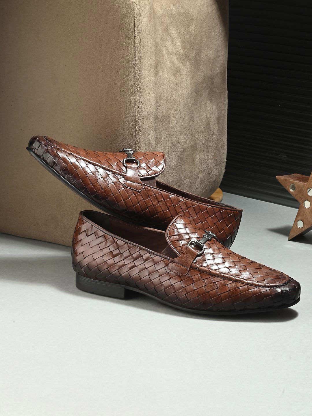 Valentino Men Woven Design Genuine Leather Formal Loafers