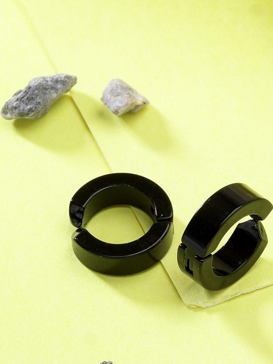 Roadster Men Black Rhodium-Plated Stainless Steel Hoop Earrings