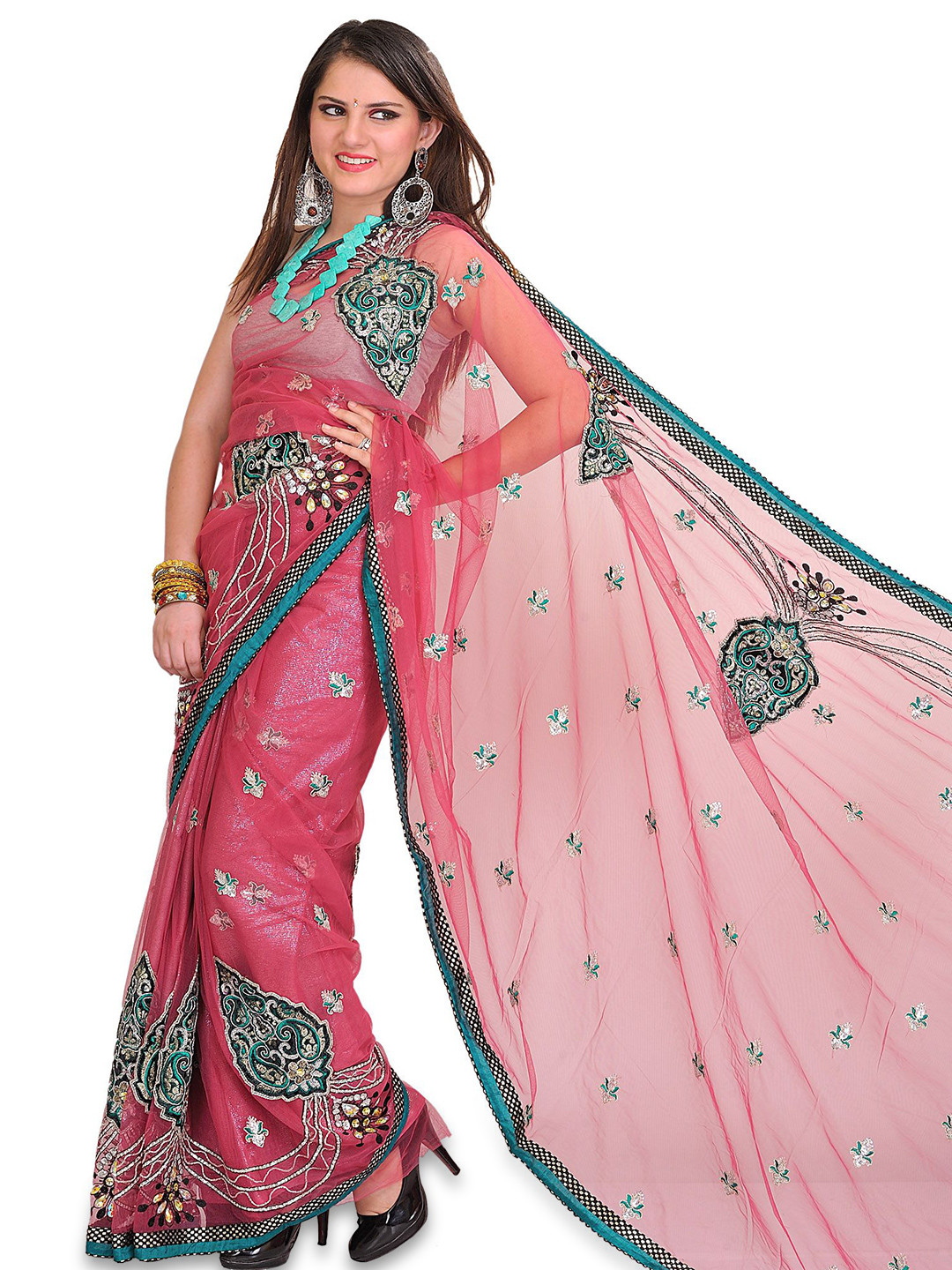 Exotic India Rose-Wine Shimmer Saree with Embroidered Patches and Sequins