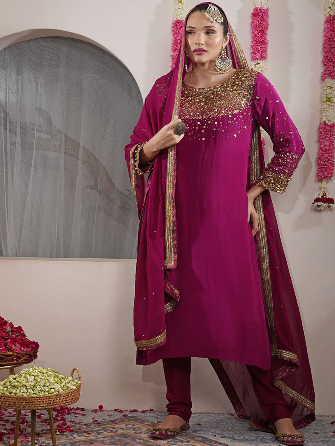 MILU MADAN Yoke Design Beads & Stones Kurta With Churidar And Dupatta