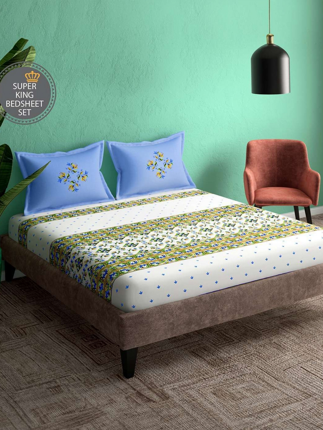 Portico Ceramica Blue & White Printed Cotton 164 TC Super King Bedsheet Set 2.74 x 2.74m