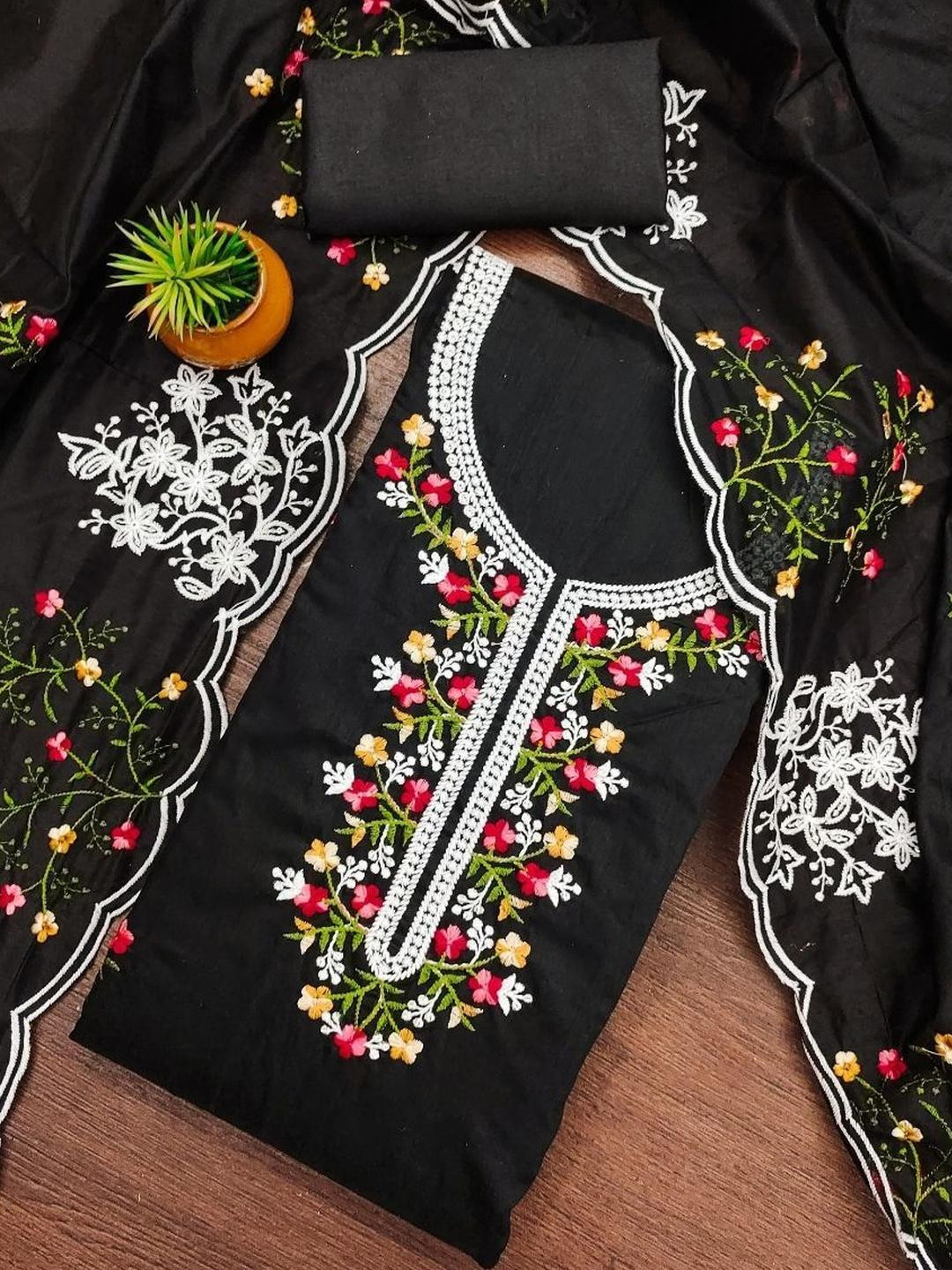 KALINI Women's Chandrei Cotton Floral Embroidered Unstitched Dress Material with Dupatta