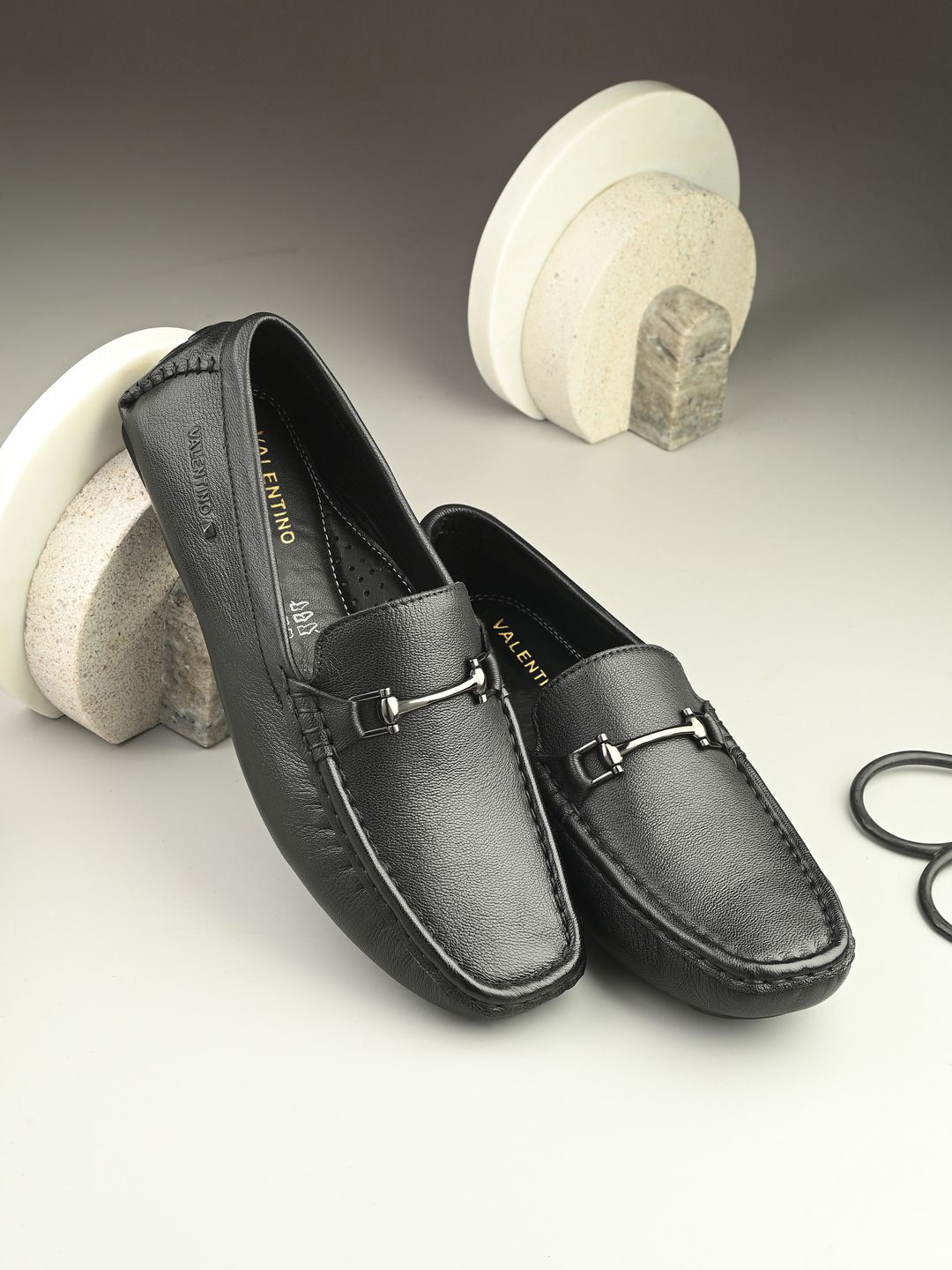 Valentino Men Solid Premium Leather Slip On Driving Loafers