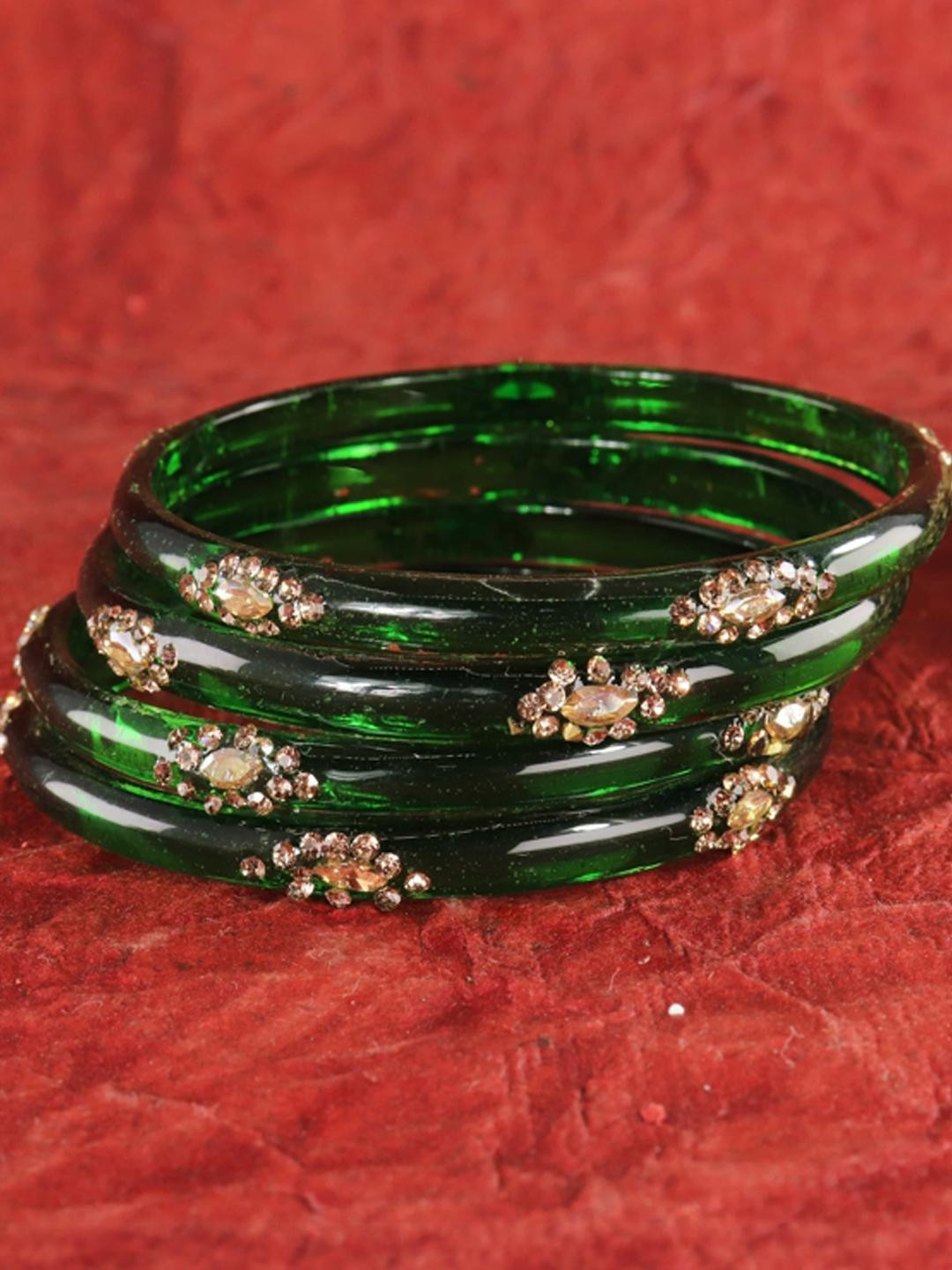 ZULKA Glass Bangles Kada Set For Women & Girls With Golden Zircon Stone & Kundan,Pack of 4