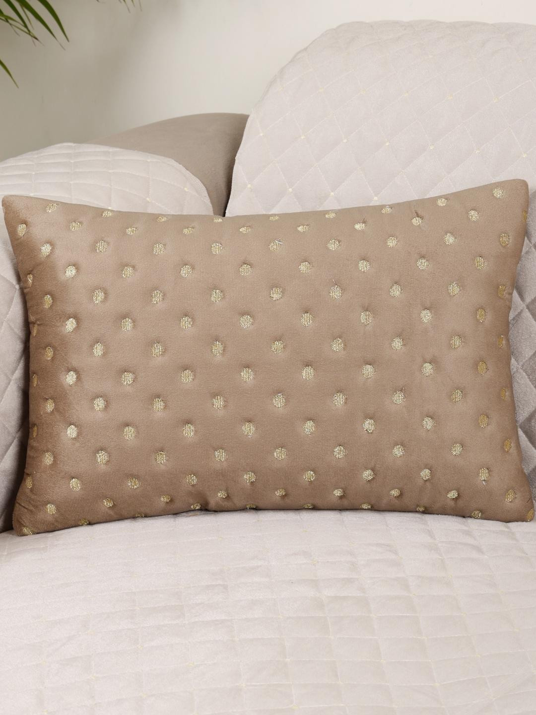 TANLOOMS Brown & Gold-Toned 1 Pc Velvet Polka Dot Rectangle Cushion Cover