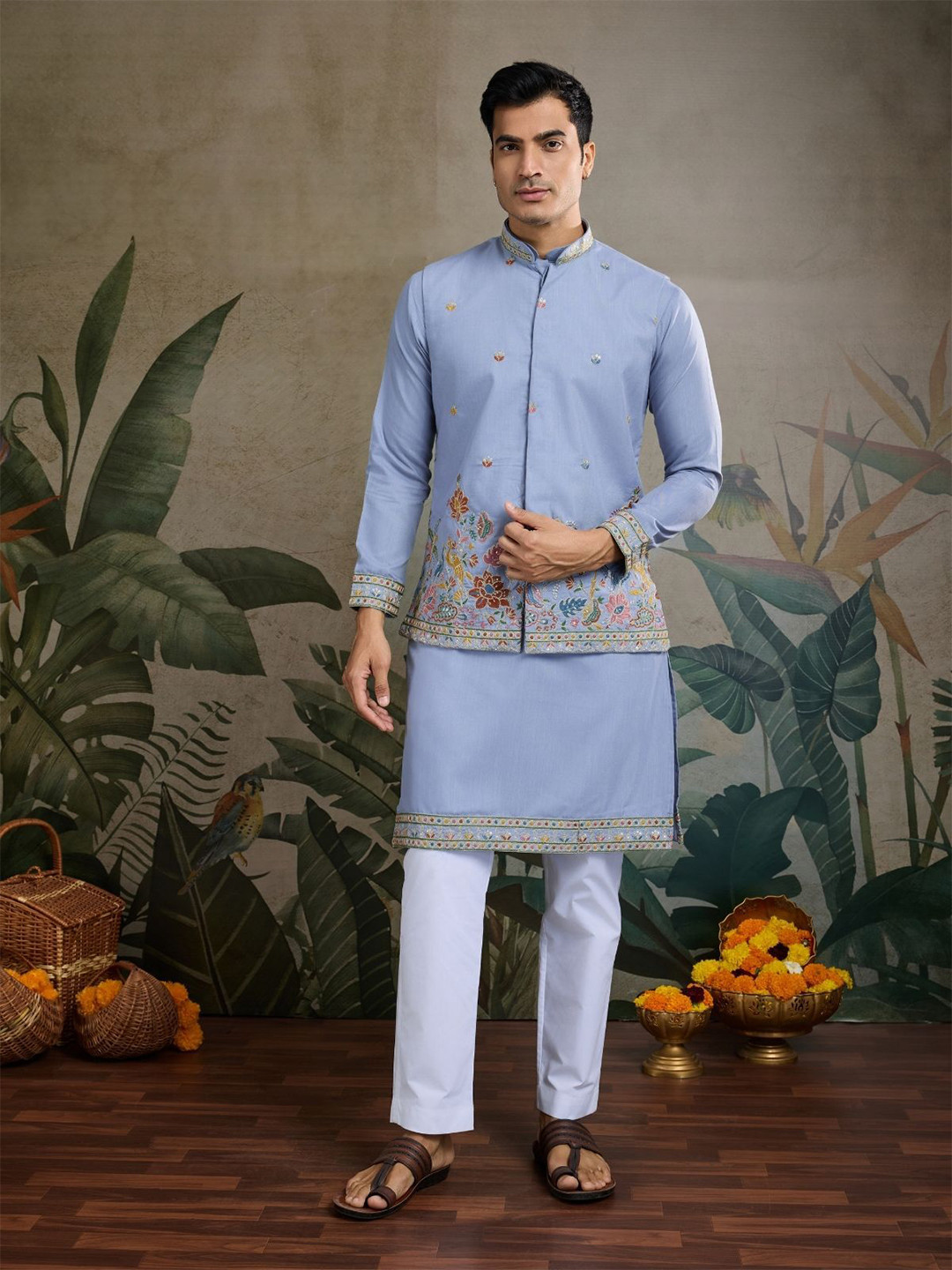 ODETTE Blue Cotton Blend Embroidered Stitched Kurta For Men