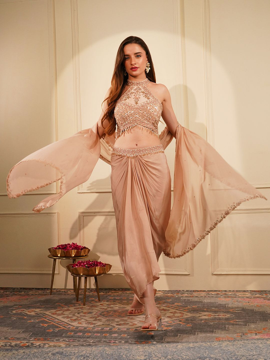 MILU MADAN Women Embellished Beads And Stones Halter Neck Lehenga Choli