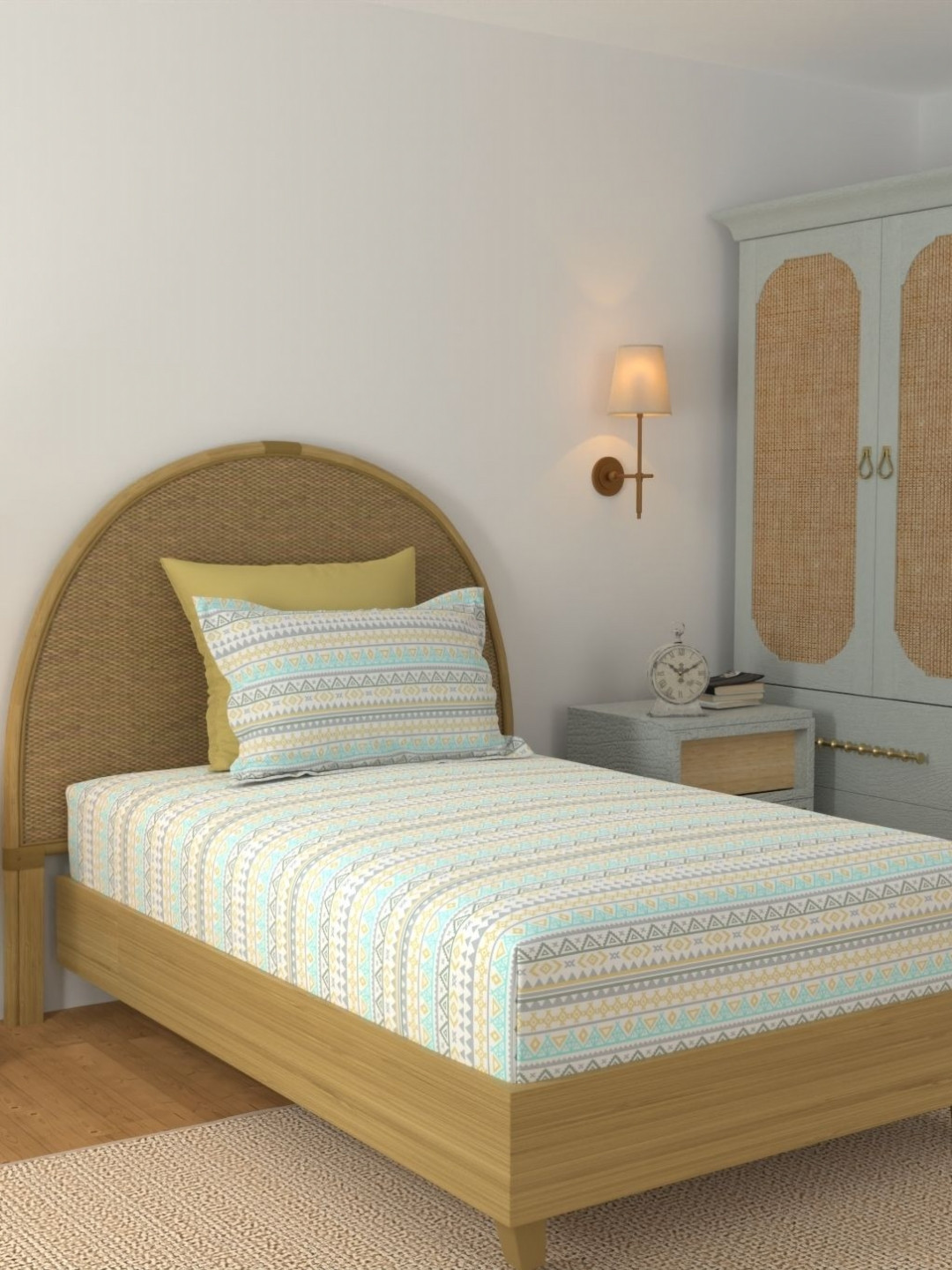 STELLAR HOME Turquoise Blue & White 140 TC Single Bedsheet with 1 Pillow Covers