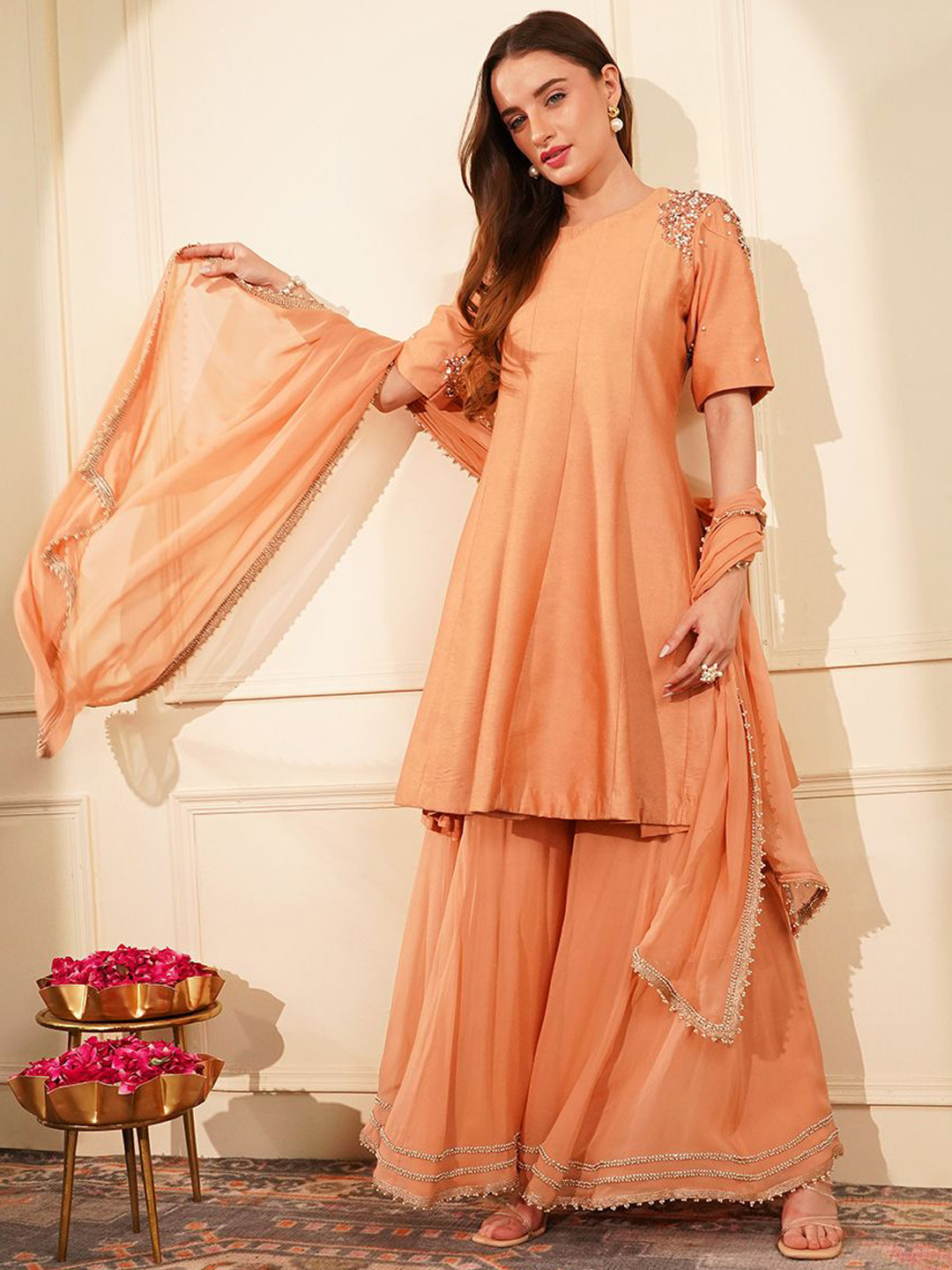 MILU MADAN Women Embroidered Panelled Beads and Stones Kurti with Sharara & With Dupatta