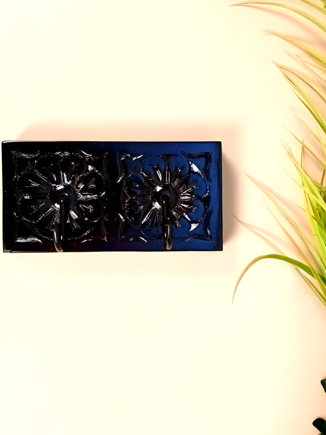 apka mart Black Textured Hand Painted Wooden 2 Hooks KeyHolder