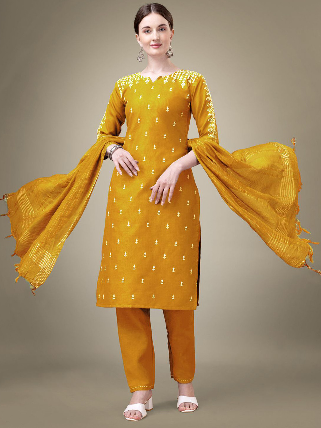 FANCYNINE Women Embroidered Regular Sequinned Kurta & Trousers & Dupatta