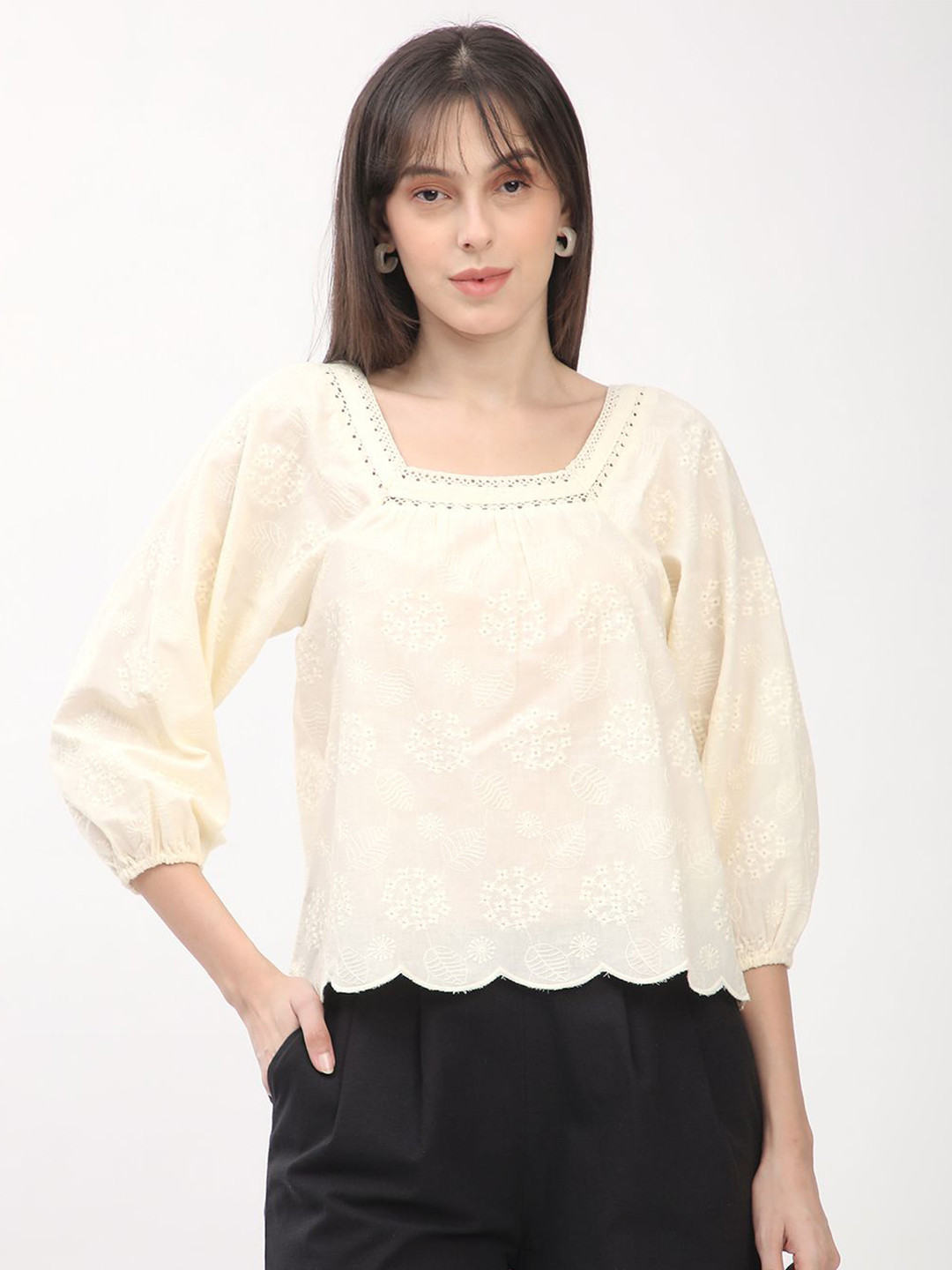 R&B Self Design Square Neck Cotton Schiffli Top