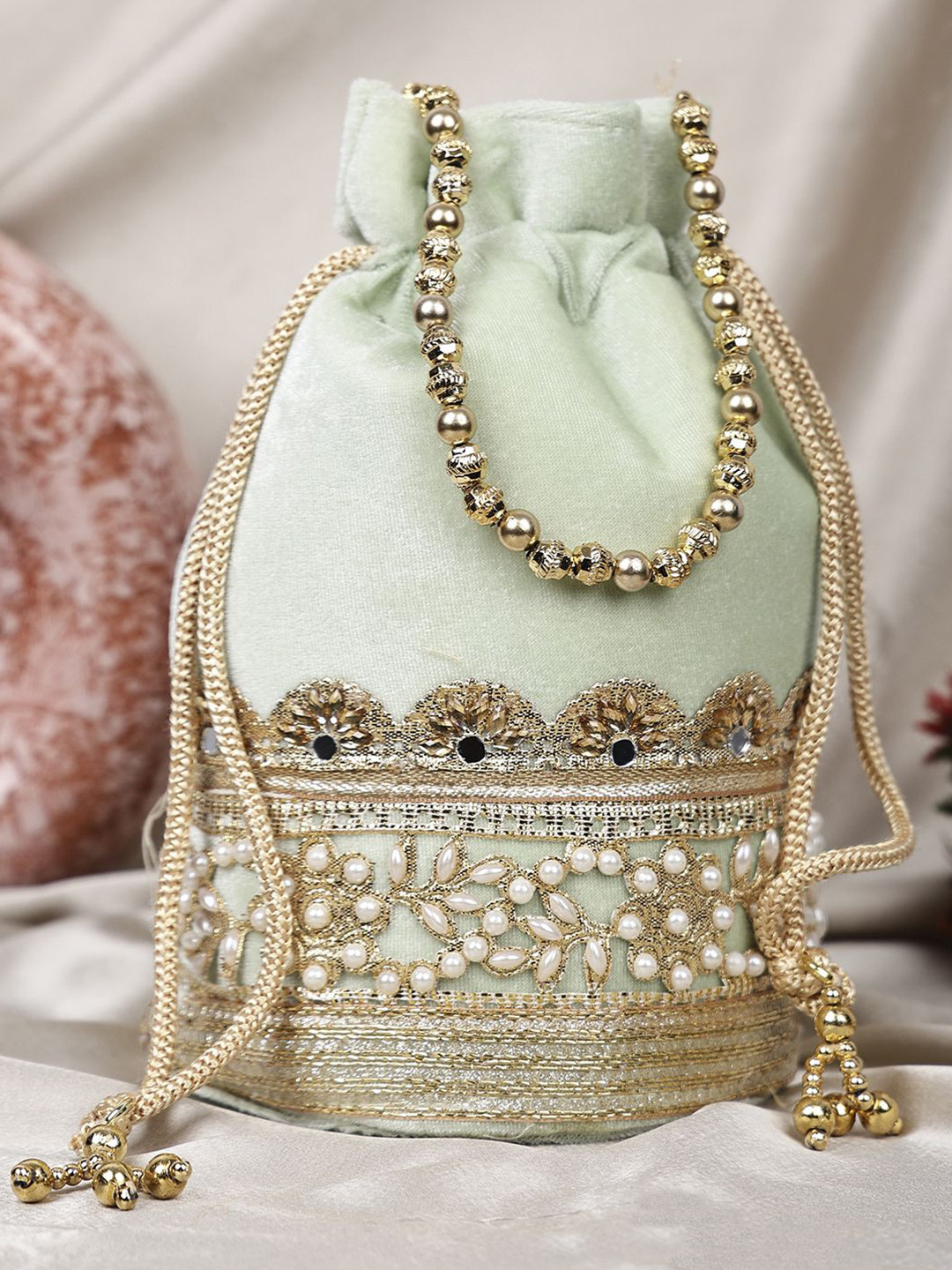 SKIMMER Embroidered Pearls Beaded Mirror Work Potli Clutches
