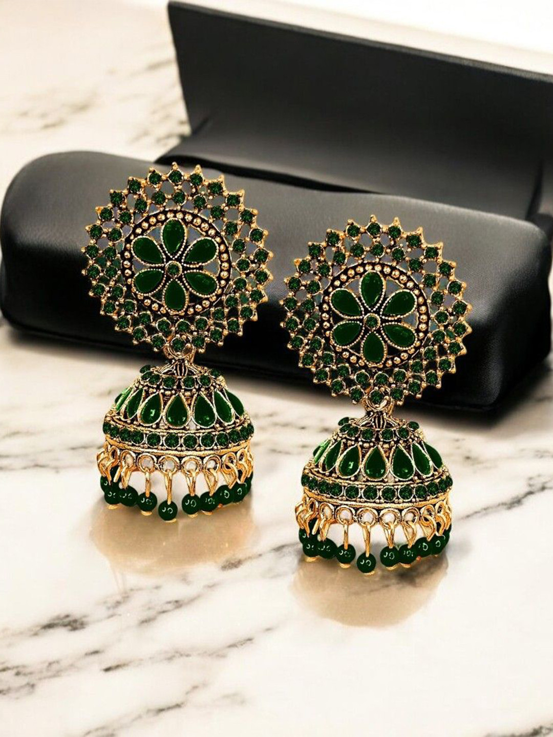 De-Ultimate Gold-Plated Artificial Stones Studded & Beads Beaded Dome Shaped Jhumkas