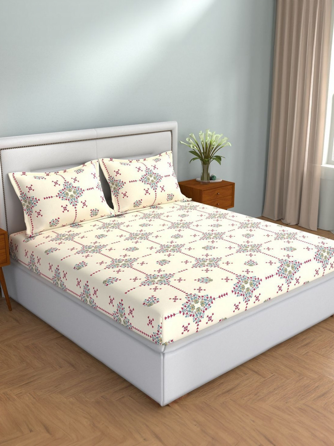 STELLAR HOME Lilly Plus Cream Ethnic Motifs Printed 104 TC Bedsheet Set 2.74 m x 2.74 m