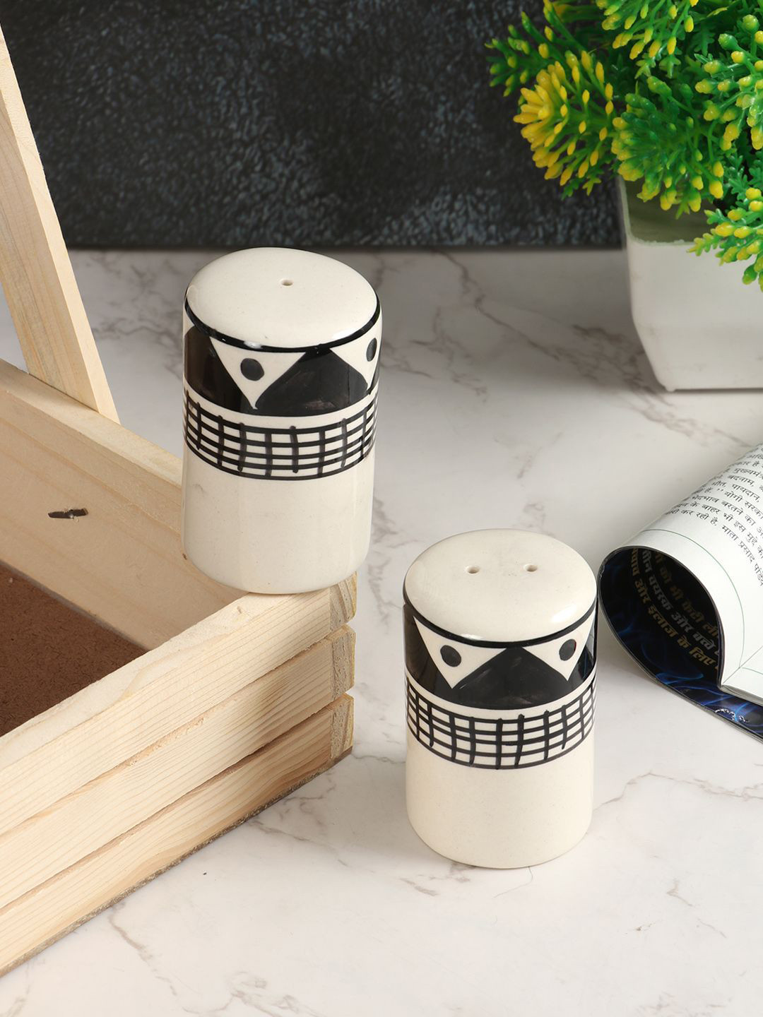 CLIO'S HERITAGE STORE Warli White & Black Printed Ceramic Salt & Pepper Shakers Set