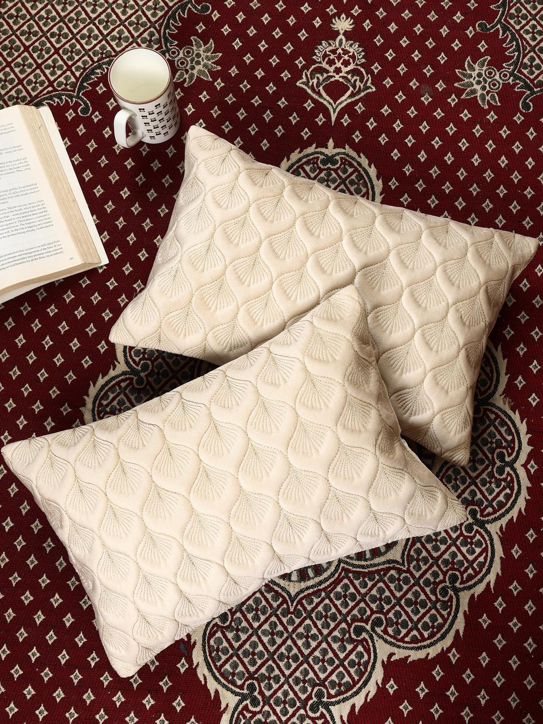 TANLOOMS Cream And Gold Toned 2 Pieces Embroidered Velvet Rectangle Cushion Covers