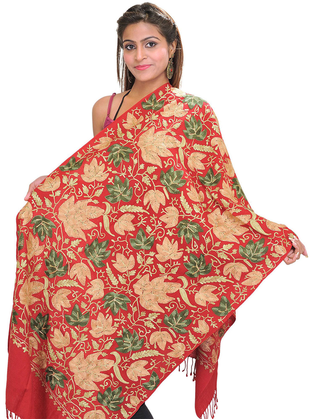 Exotic India Floral Maple Leaves Embroidered Pure Wool Shawl
