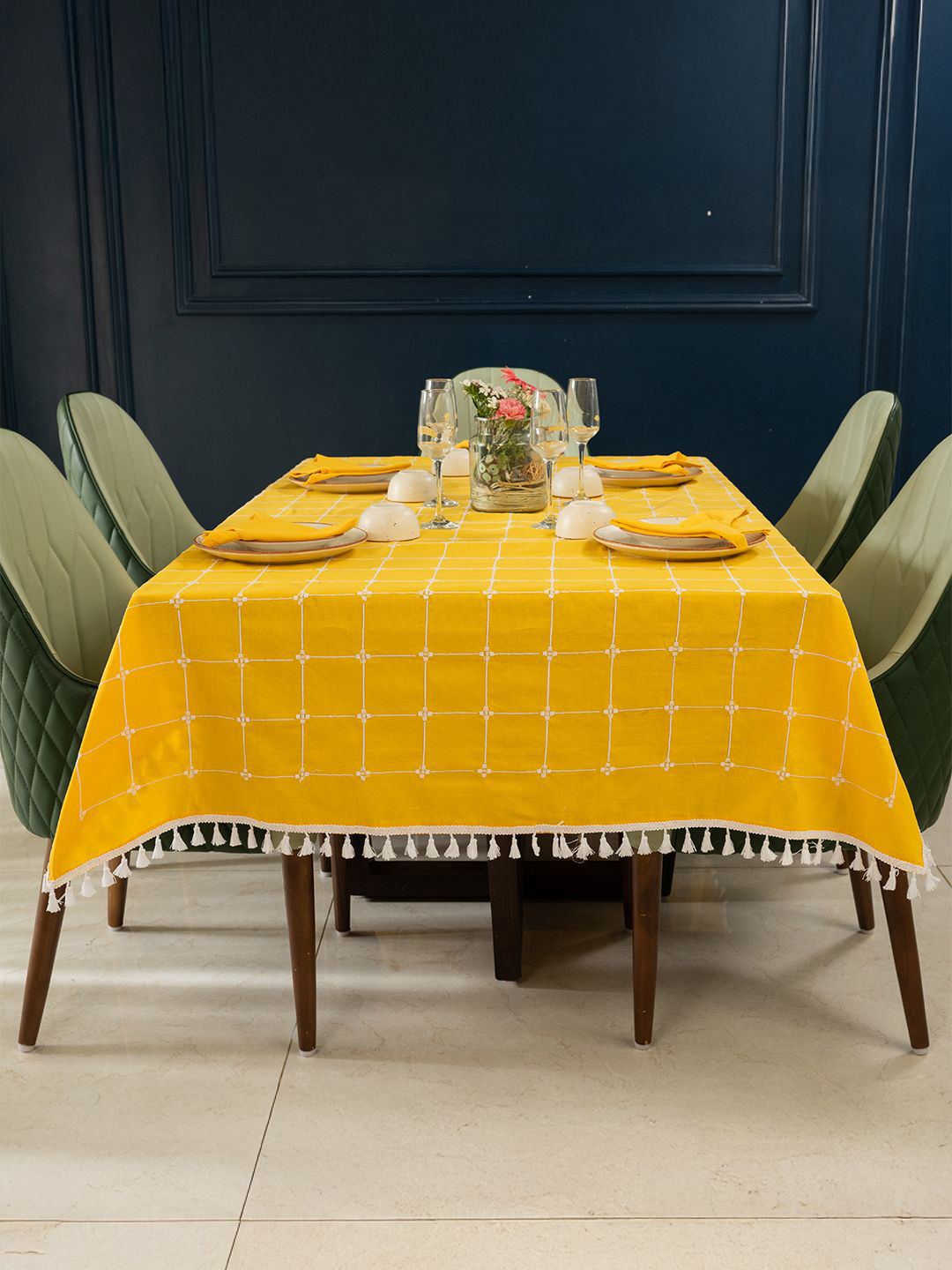URBAN SPACE Yellow Geometric Printed Anti-Slip Cotton 4-Seater Table Cover with Embroidered details