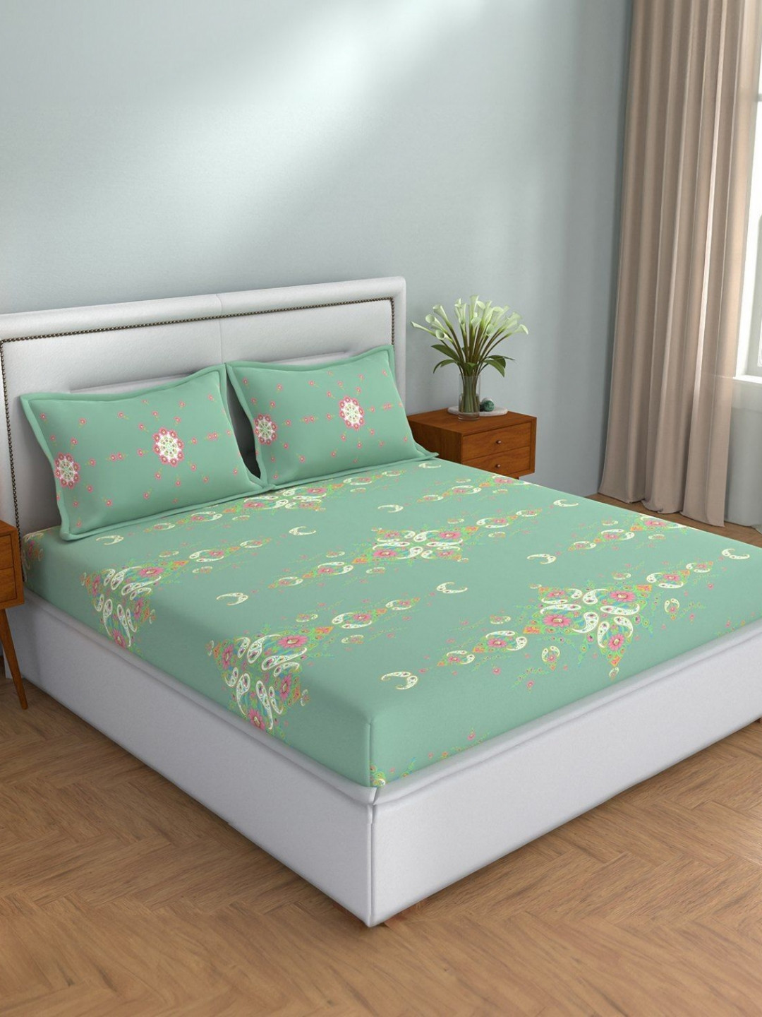 STELLAR HOME Teal & Pink Ethnic Motifs 104 TC Queen Bedsheet with 2 Pillow Covers