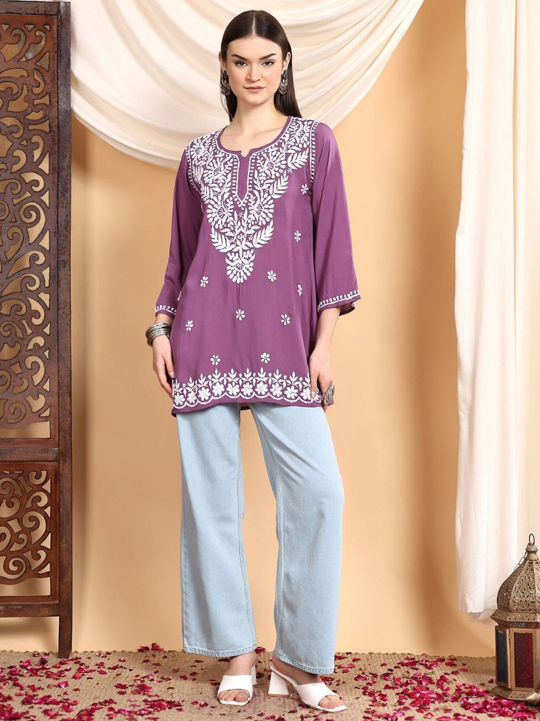 Poshak Chikan Studio Women Chikankari Embroidered Premium Modal Short Straight Kurti