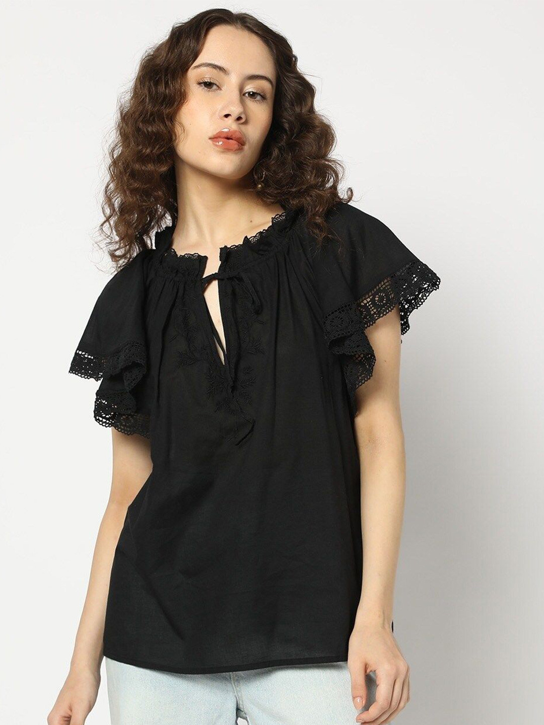 GAP Tie-Up Neck Flutter Sleeves Lace Inserts Pure Cotton Top