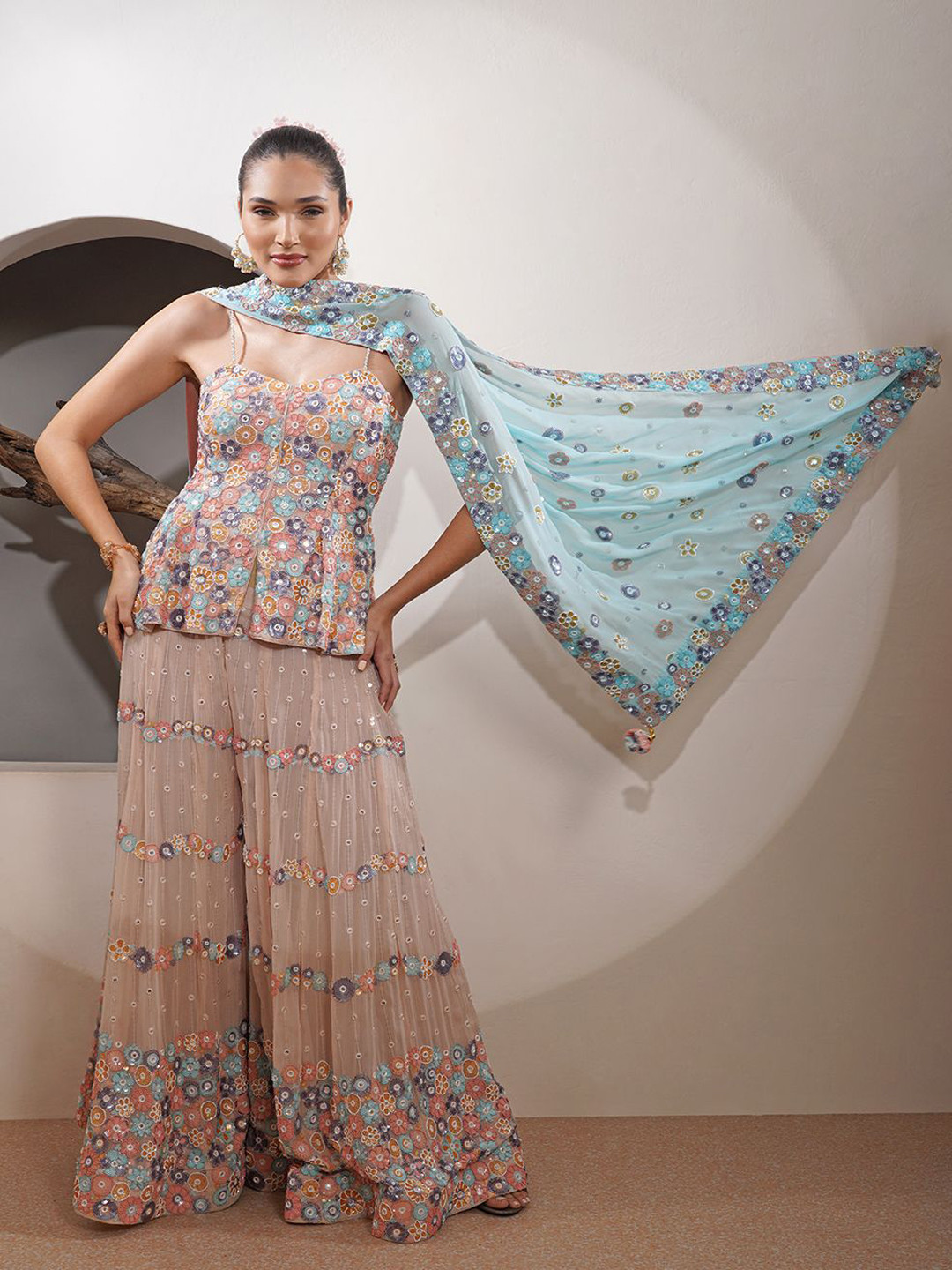 MILU MADAN Embellished Shoulder Strap Tunic With Sharara & Dupatta