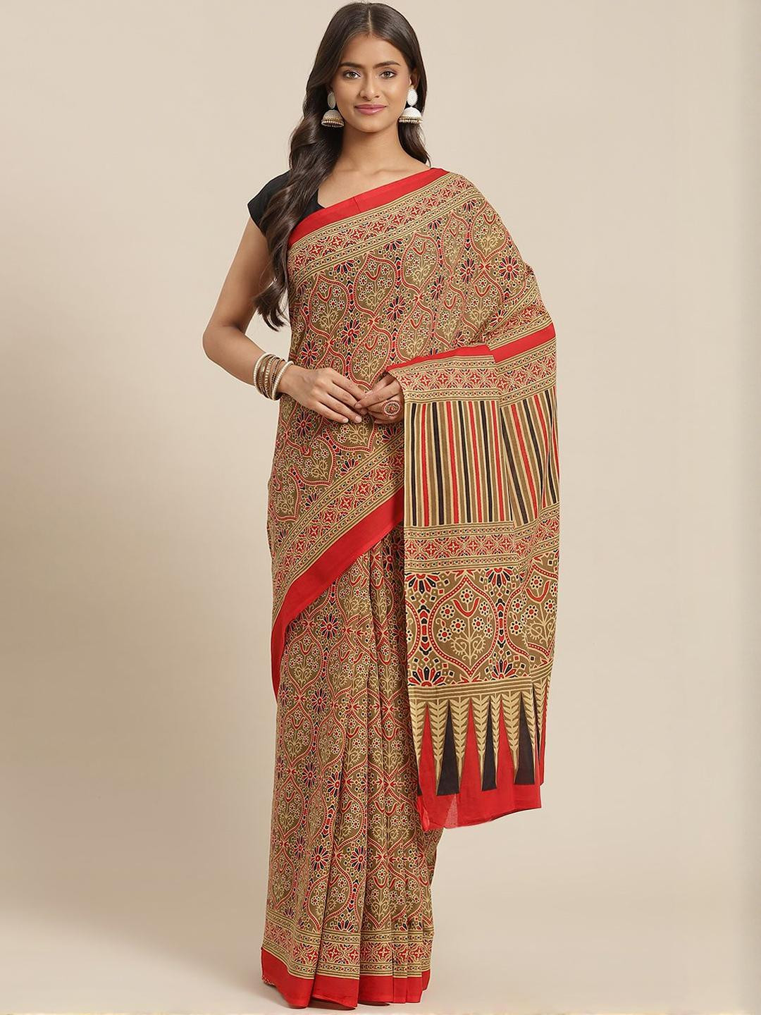 KALINI Ajrak Block Pure Cotton Fusion Block Print Saree