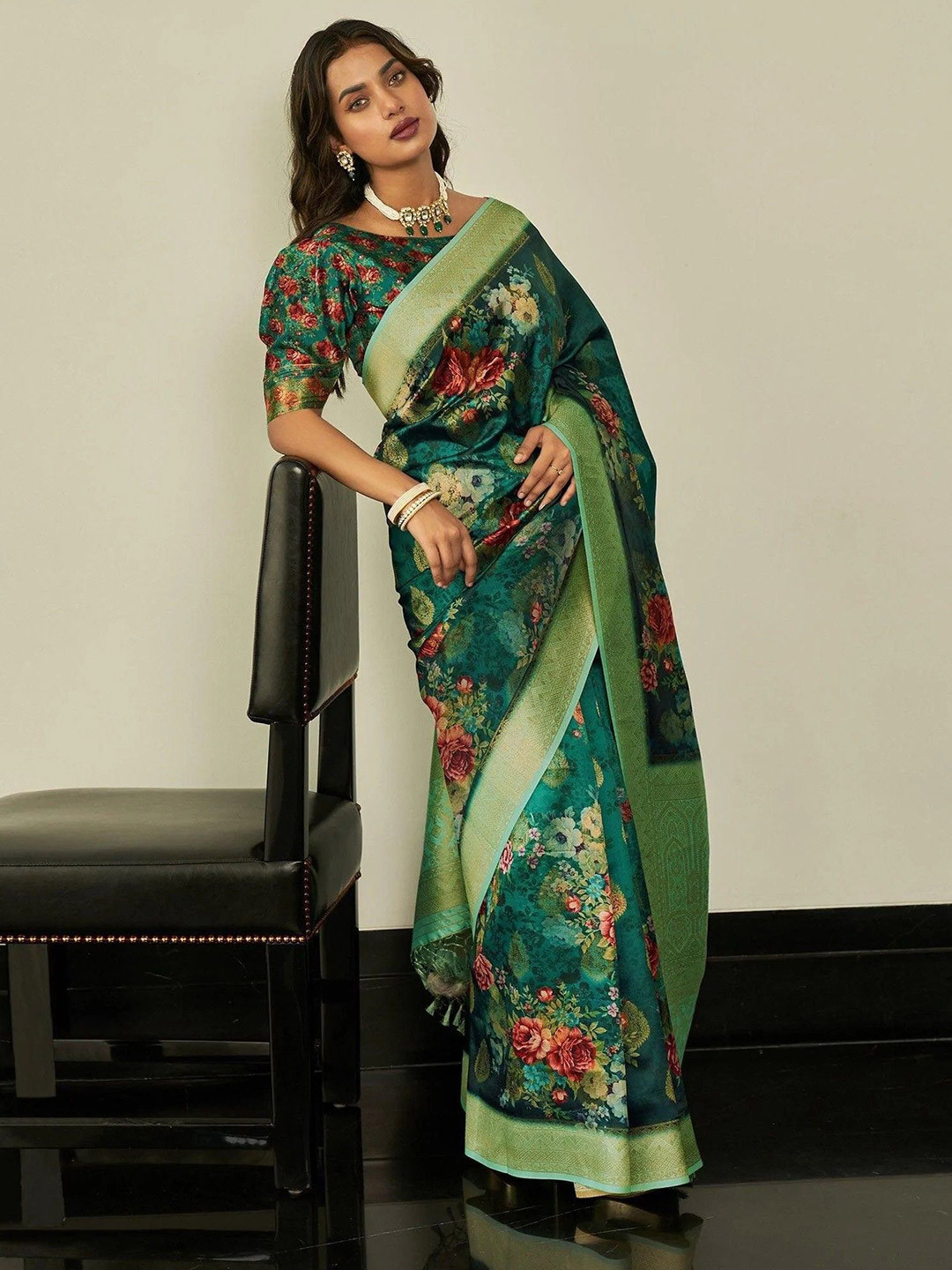 Exotic India Digital Floral Print Organza Saree With Brocade Border And Aanchal