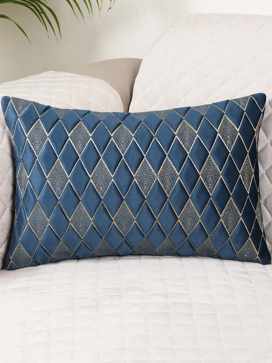 MONKDECOR Embroidered Blue Geometric Velvet Durable 5 Pcs Textured Cushion Covers -12x18In